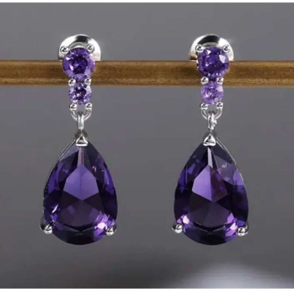 Stunning - 5 Carat Lab Created Amethyst Teardrop & Sterling Silver Earrings